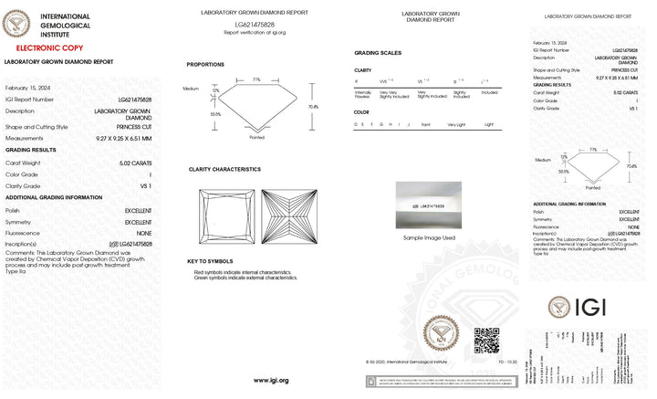 IGI Certified 5.02 Carat Princess Cut Lab-Grown Diamond, I Color, VS1 Clarity