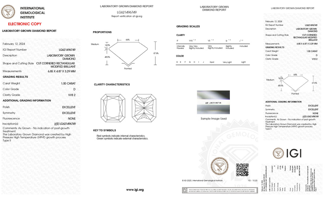 IGI Certified 1.00 CT Radiant Lab Grown Diamond - D Color, VVS2 Clarity