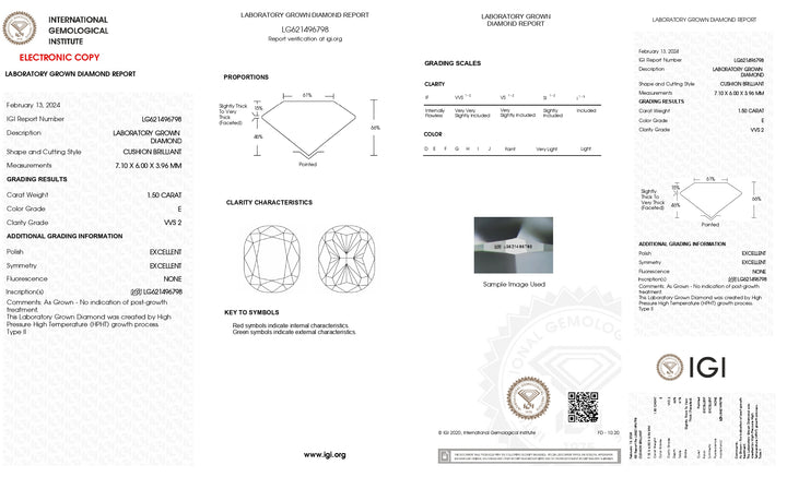 Diamant cultivé en laboratoire, taille coussin long, certifié IGI, 1,50 ct, couleur E, clarté VVS2