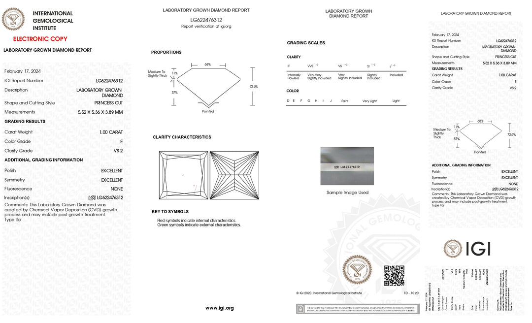 IGI Certified 1,00 CT Princess Cut Lab-odlad diamant | VS2 Clarity | Färg