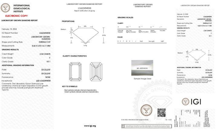 IGI-zertifizierter, im Labor gezüchteter Diamant im Smaragdschliff von 2,04 Karat – Farbe F, Reinheit VS1