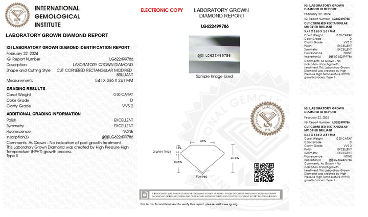 Elegant 0,50 ct radiant Lab Diamond cultivat - Certificat IGI, Claritate VVS2, D -Culoare D