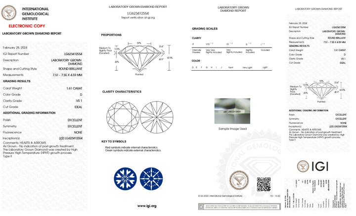 Diamant rond de 1,61 ct cultivé en laboratoire certifié IGI - Couleur D, pureté VS1, taille idéale