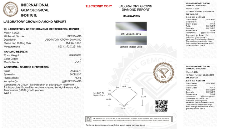 Indrukwekkende 0,50 ct Emerald Cut Lab Gegroeide diamant - IGI -gecertificeerde, D kleur, VVS1 Clarity