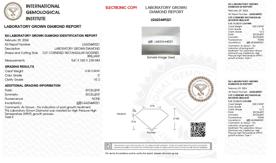 IGI Certificado 0,50 ct Radiant Cut Lab Cultivado Diamond - D Cor, VS2 Clarity