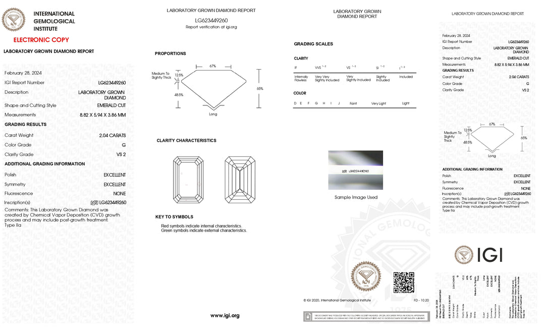 IGI-zertifizierter, im Labor gezüchteter Diamant im Smaragdschliff von 2,04 Karat – Farbe G, Reinheit VS2