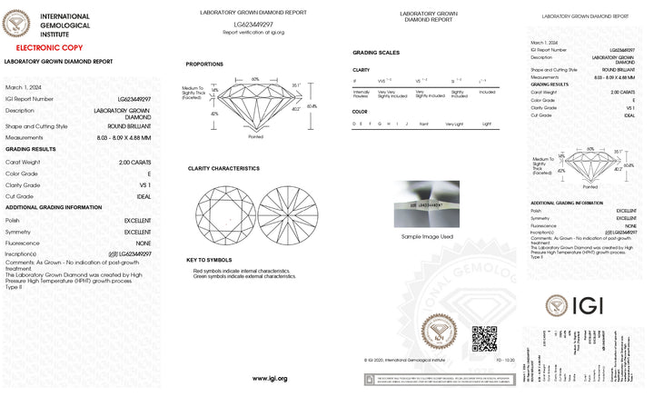 Diamant rond cultivé en laboratoire certifié IGI de 2,00 CT | Couleur E, clarté VS1