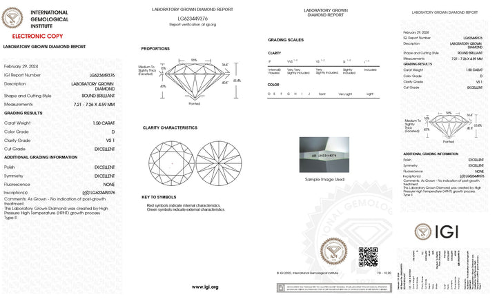 Diamant rond cultivé en laboratoire de 1,50 ct certifié IGI - Couleur D, clarté VS1 : élégance pure