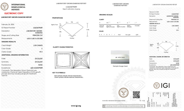 Diamant cultivé en laboratoire de taille princesse de 2,00 ct certifié IGI : qualité de couleur E, clarté VS2