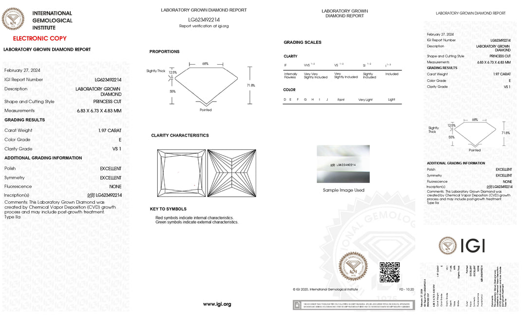 Diamant cultivé en laboratoire taille princesse 1,97 CT, certifié IGI, couleur VS1/E