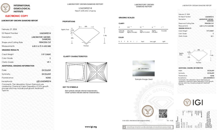 Diamant cultivé en laboratoire taille princesse 1,97 CT, certifié IGI, couleur VS1/E