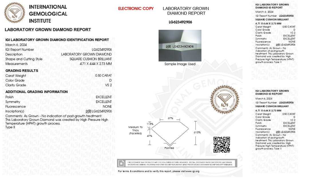 Lyxig 0,50 CT IGI Certified Lab -odlad kuddskuren diamant - D färg, VS2 tydlighet