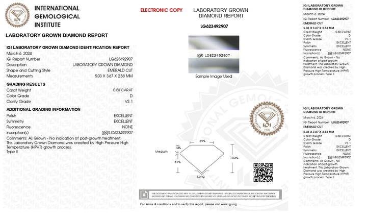 IGI-zertifizierter, im Labor gezüchteter Diamant im Smaragdschliff von 0,50 CT – Farbe D, Reinheit VS1