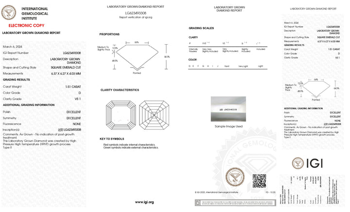 IGI-zertifizierter, im Labor gezüchteter Diamant im quadratischen Smaragdschliff von 1,51 Karat – Reinheit VS1, Farbe D