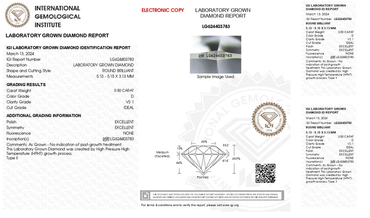 IGI certificeret 0,50 ct rundskåret lab-dyrket diamant | D farve, VS1 klarhed