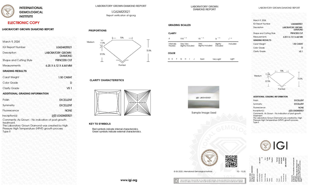 IGI Certified 1.50 CT Princess Cut Lab Grown Diamond - D Color, Exquisite VS1 Clarity