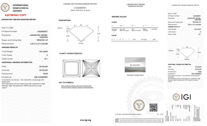 IGI Certified 1.50 CT Princess Cut Lab Grown Diamond - D Color, Exquisite VS1 Clarity