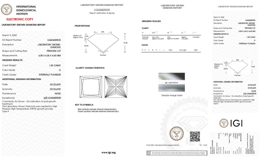 IGI Certified 1.50 CT Princess Cut Lab Grown Diamond - D Color, Internally Flawless Clarity