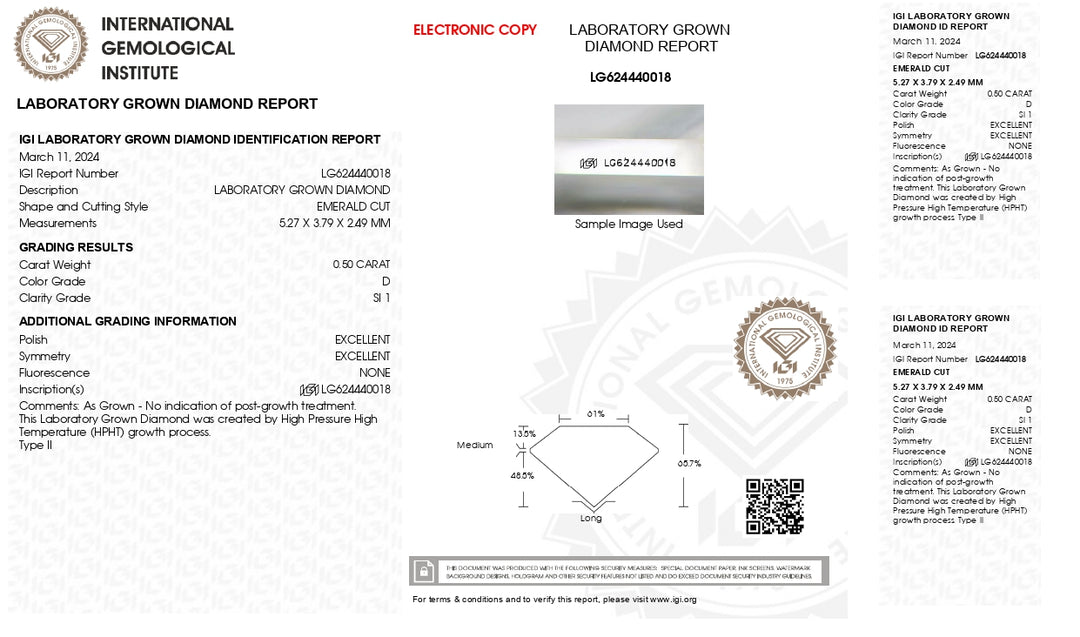 IGI gecertificeerd 0,50 CT Emerald Cut Lab Gegroeide diamant - D kleur, SI1 Clarity