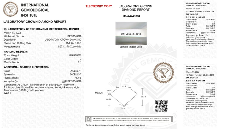 Certificado IGI 0,50 CT Emerald Cut Lab crescido Diamante - D Cor, Si1 Clarity