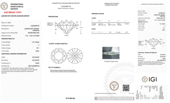 IGI-zertifizierter 1,81-Karat-Labordiamant im Rundschliff, Farbe E, Reinheit VS1, idealer Schliff