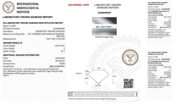 IGI -certifierad 0,50 CT -strålningskuret Lab -odlad diamant - E Färg, VS1 Clarity