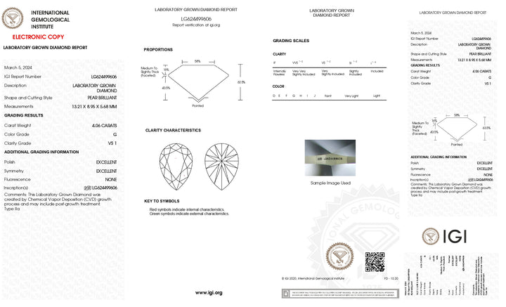 IGI-zertifizierter, im Labor gezüchteter Diamant in Birnenform, 4,06 Karat, Farbe G, Reinheit VS1