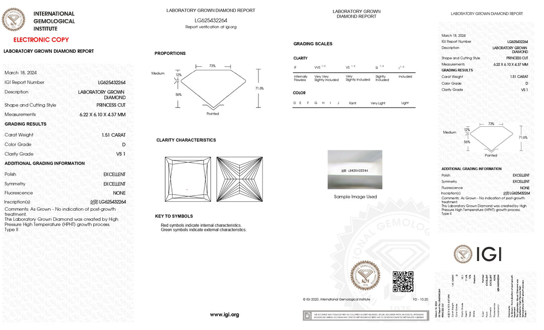 IGI Certified 1.51 CT Princess Cut Lab-Grown Diamond - VS1 Clarity, D Color