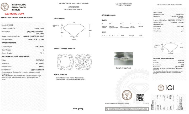 IGI Certified 1.00 CT Cushion Cut Lab-Grown Diamond: VS1 Clarity, Captivating E Color