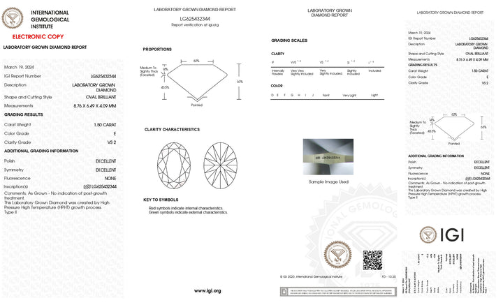 Diamant ovale cultivé en laboratoire certifié IGI de 1,50 CT - Clarté VS2, couleur E