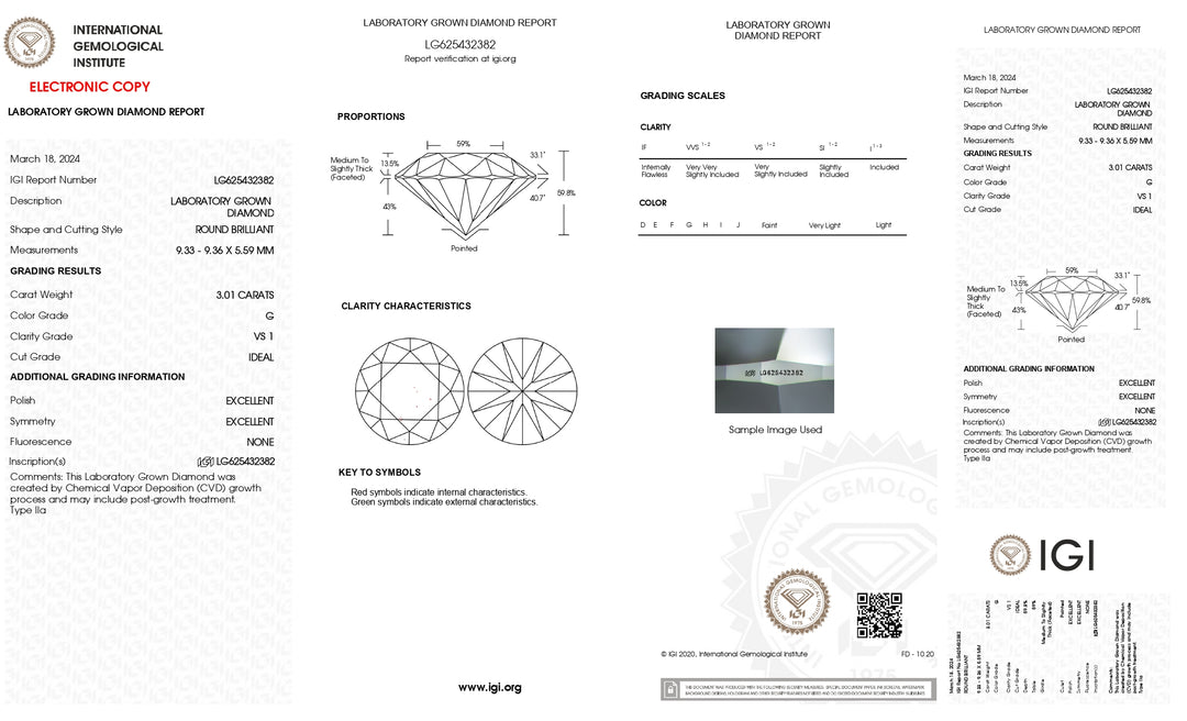 IGI Certified 3.01 CT Round Lab-Grown Diamond – G Color, VS1 Clarity, Excellent Cut