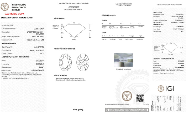 IGI-zertifizierter, im Labor gezüchteter Diamant im Ovalschliff im 2,28 Karat-Format – Fancy Vivid Blue, Reinheit VS1