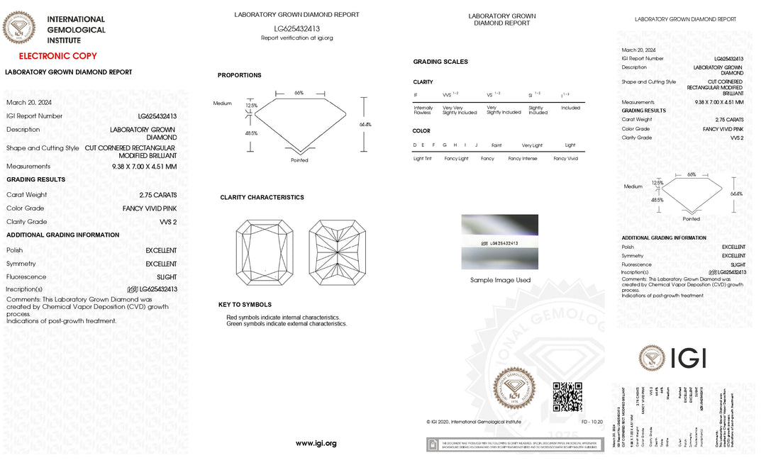 IGI Certified 2.75 CT Radiant Cut Lab-Grown Diamond - Fancy Vivid Pink Color, VVS2 Clarity