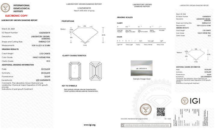 IGI-zertifizierter, im Labor gezüchteter Diamant im Smaragdschliff, 2,32 Karat, Fancy Intense Pink – Reinheit VS2