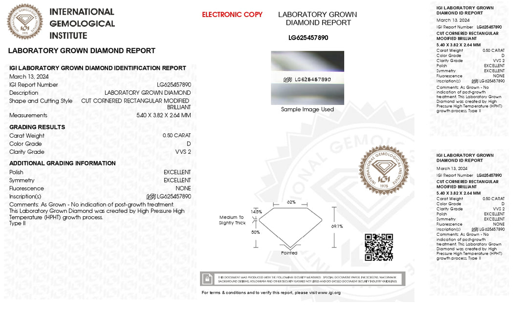 IGI -certificeret 0,50 CT Radiant Cut Lab Grown Diamond - D farve, VVS2 klarhed