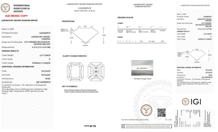 IGI Certified 2.57 CT Radiant Cut Lab-Grown Diamond, D Color, Internally Flawless (IF) Clarity