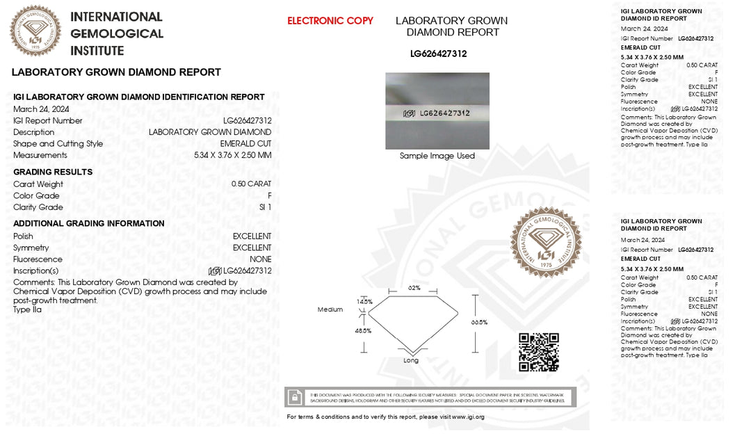 IGI сертифікував 0,50 CT Emerald Cut Lab вирощений діамант - F Колір, SI1 Clarity