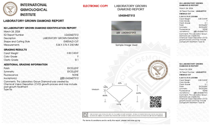 IGI сертифікував 0,50 CT Emerald Cut Lab вирощений діамант - F Колір, SI1 Clarity