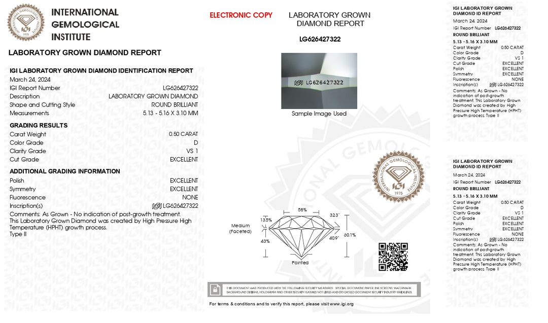 IGI certificeret 0,50 ct rundskåret lab-dyrket diamant | D farve, VS1 klarhed