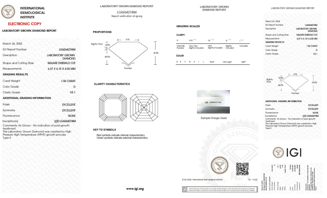 Diamant cultivé en laboratoire, taille émeraude carrée, certifié IGI, 1,50 ct, couleur D, clarté VS1