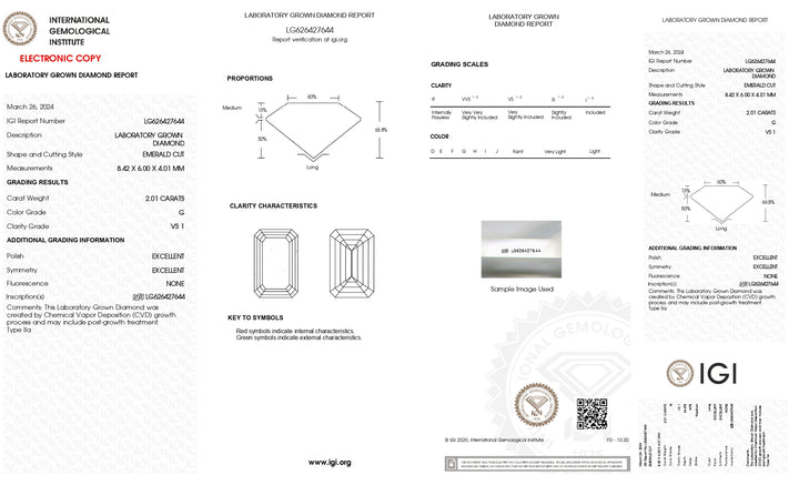 Diamant cultivé en laboratoire certifié IGI 2,01 CT taille émeraude - Couleur G, clarté VS1