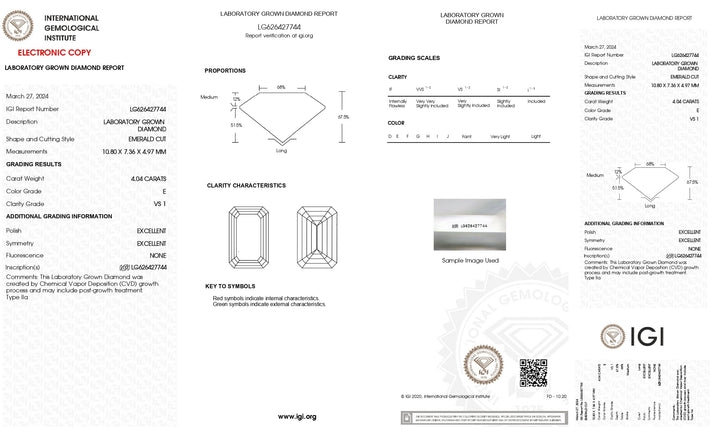 Diamant cultivé en laboratoire taille émeraude certifié IGI 4,04 CT - Couleur E, clarté VS1