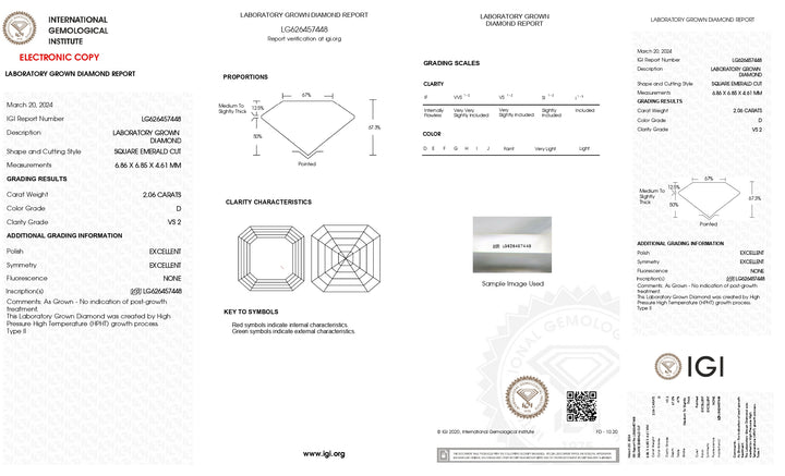 IGI-zertifizierter, im Labor gezüchteter Diamant im quadratischen Smaragdschliff von 2,06 Karat – Reinheit VS2, Farbe D