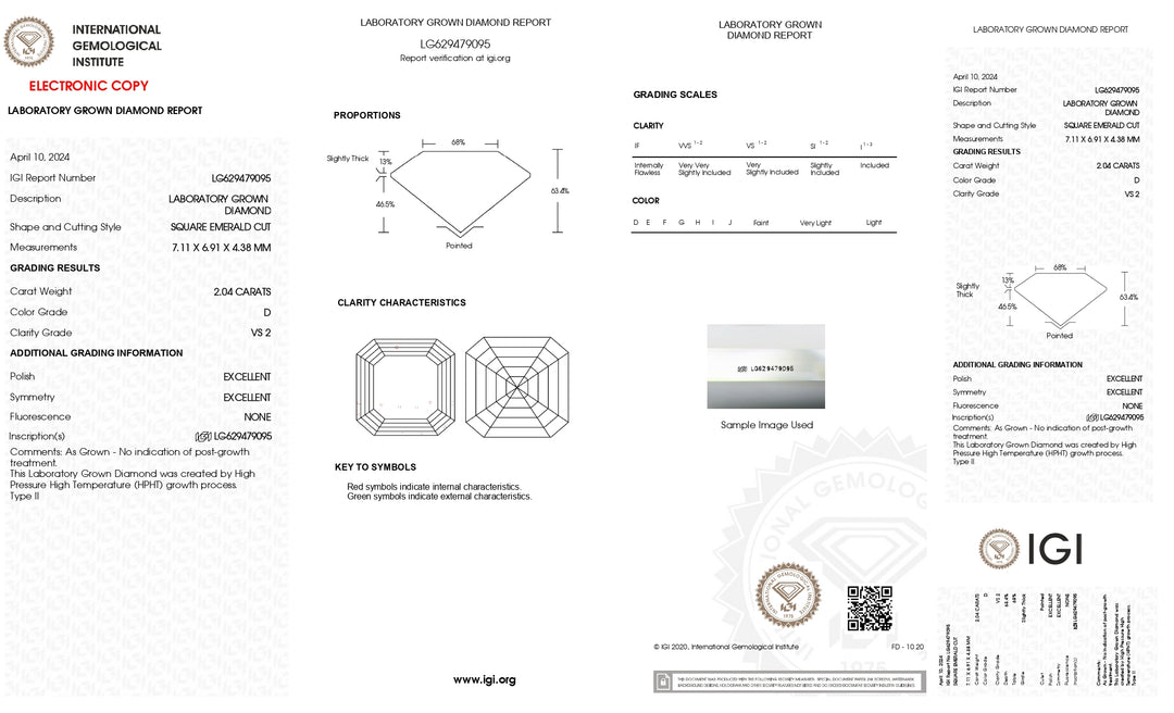 IGI-zertifizierter, im Labor gezüchteter Diamant im quadratischen Smaragdschliff von 2,04 Karat – Reinheit VS2, Farbe D