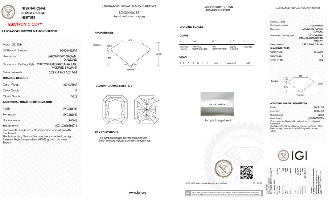 Diamant cultivé en laboratoire certifié IGI 1,00 CT taille radiante | Clarté VS2 | F Colo