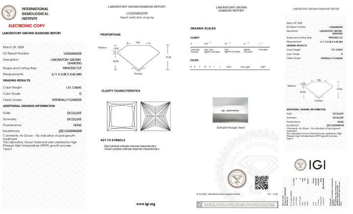 IGI Certified 1.51 CT Lab Grown Diamond, Princess Cut, IF Clarity, D Color