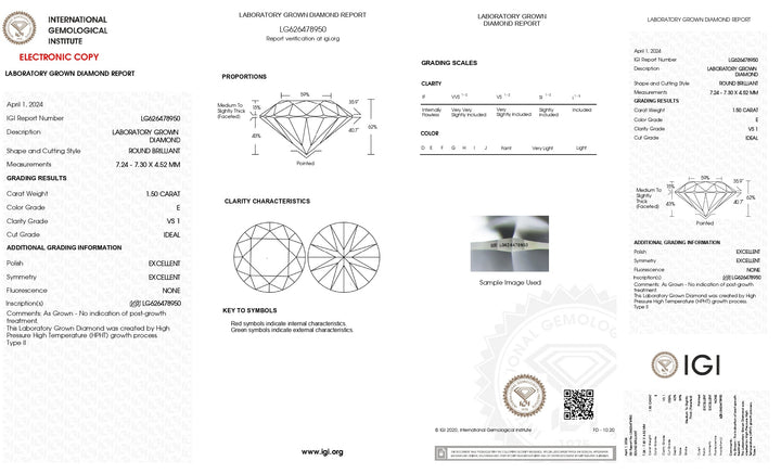 IGI Certified 1.50 CT Round Lab Grown Diamond - E Color, VS1 Clarity: Ultimate Brilliance