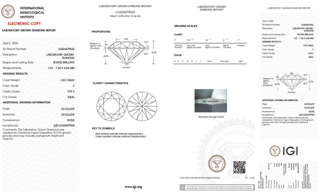 IGI Certified 1.50 CT Round Cut Lab Grown Diamond - F Color, Brilliant VVS2 Clarity