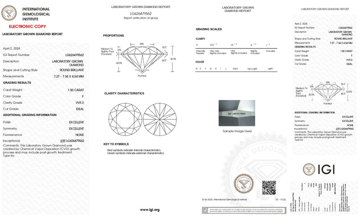 IGI Certified 1.50 CT Round Cut Lab Grown Diamond - F Color, Brilliant VVS2 Clarity