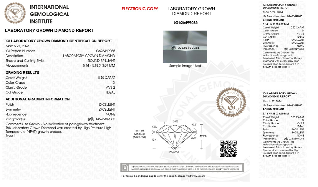 IGI מוסמך 0.50 CT עגול עגול עגול יהלום מעבדה | צבע D, VVS2 בהירות